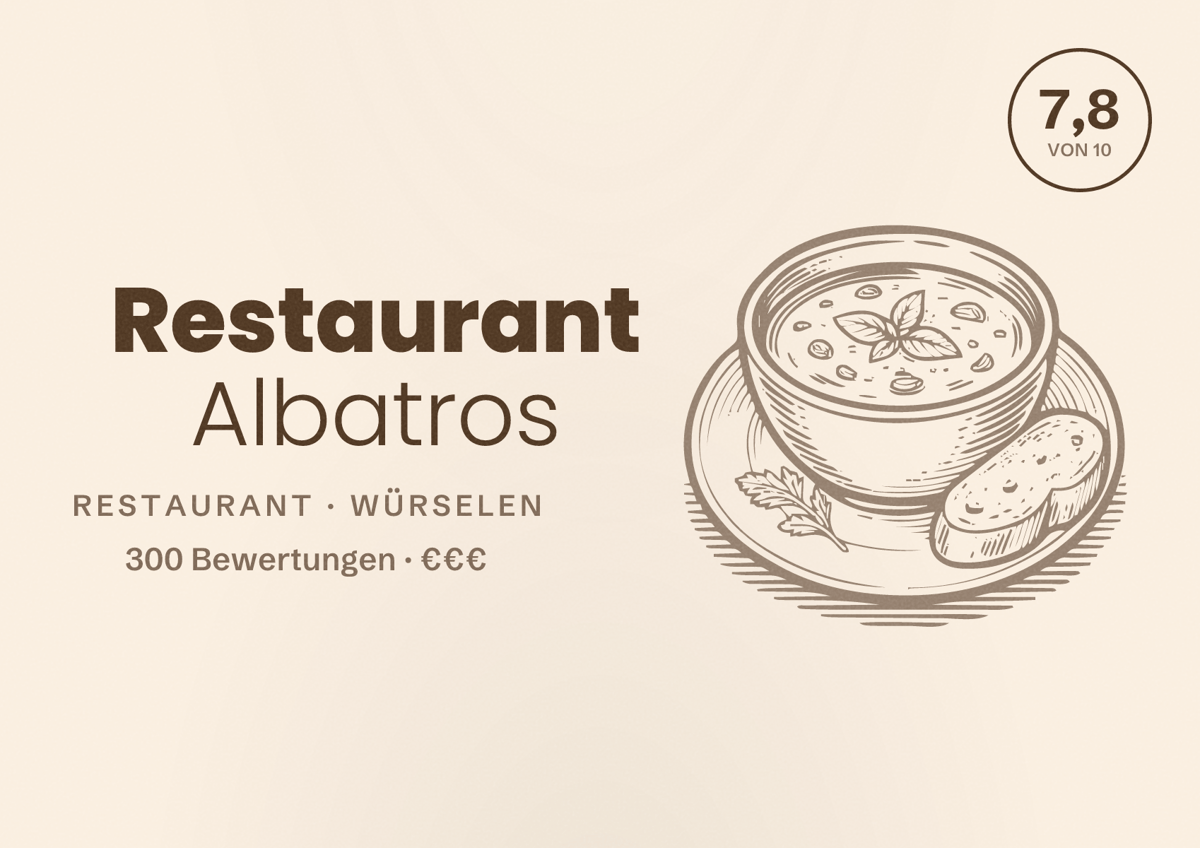 Illustriertes Poster von Restaurant Albatros, Restaurant in Würselen: Bewertung 7,8 von 10 aus 300 Bewertungen, Preisniveau €€€