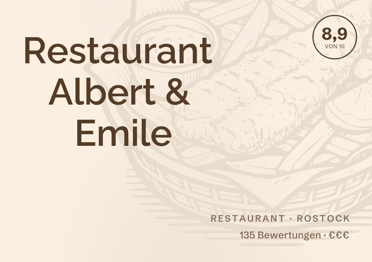 Illustriertes Poster von Restaurant Albert & Emile, Restaurant in Rostock: Bewertung 8,9 von 10 aus 135 Bewertungen, Preisniveau €€€