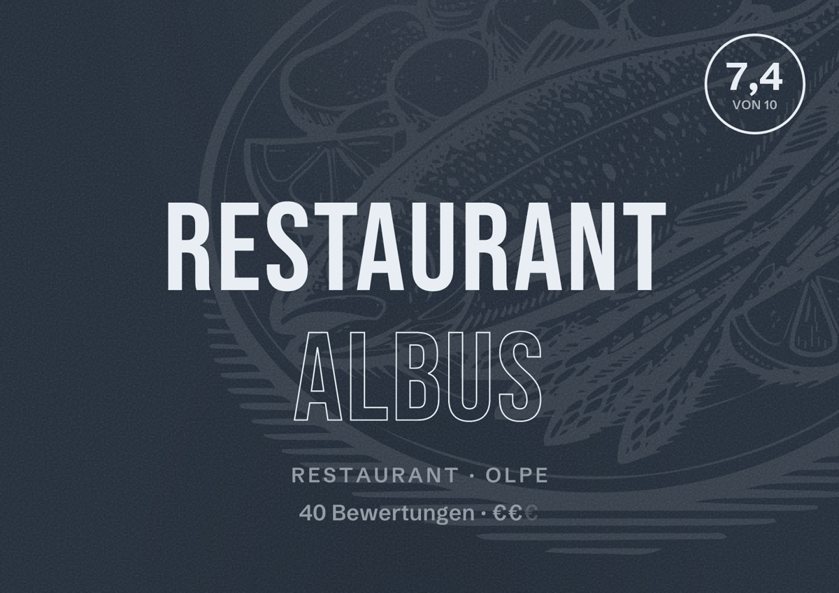 Illustriertes Poster von Restaurant Albus, Restaurant in Olpe: Bewertung 7,4 von 10 aus 40 Bewertungen, Preisniveau €€