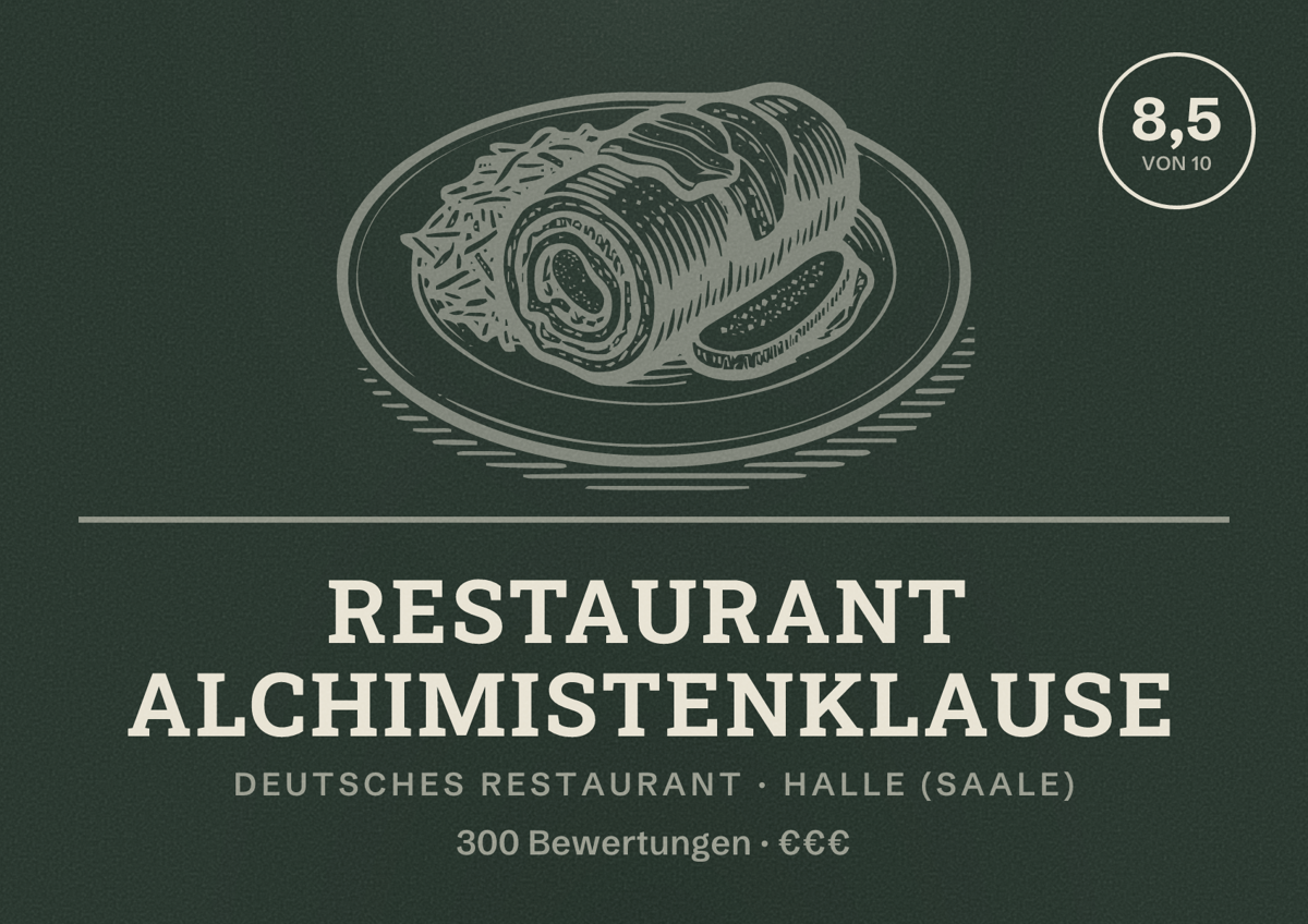 Illustriertes Poster von Restaurant Alchimistenklause, Deutsches Restaurant in Halle (Saale): Bewertung 8,5 von 10 aus 300 Bewertungen, Preisniveau €€€