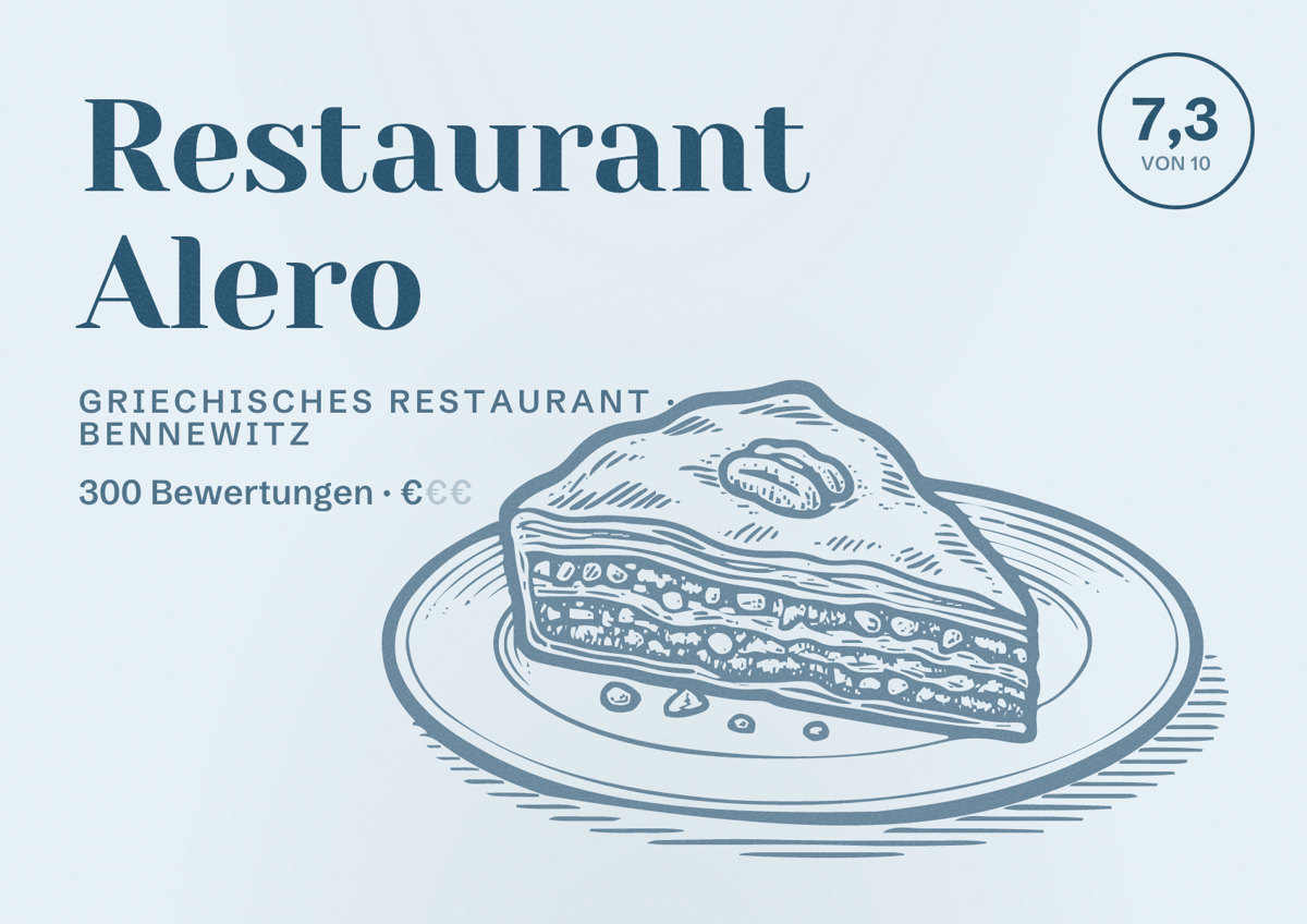 Illustriertes Poster von Restaurant Alero, Griechisches Restaurant in Bennewitz: Bewertung 7,3 von 10 aus 300 Bewertungen, Preisniveau €