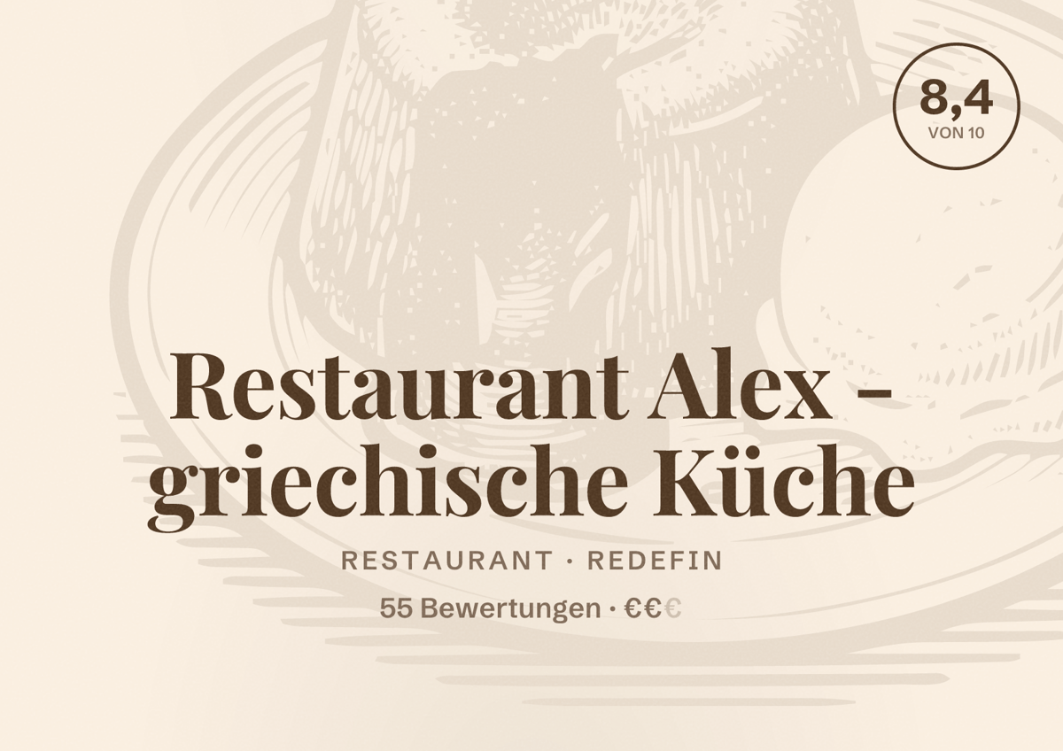 Illustriertes Poster von Restaurant Alex - griechische Küche, Restaurant in Redefin: Bewertung 8,4 von 10 aus 55 Bewertungen, Preisniveau €€