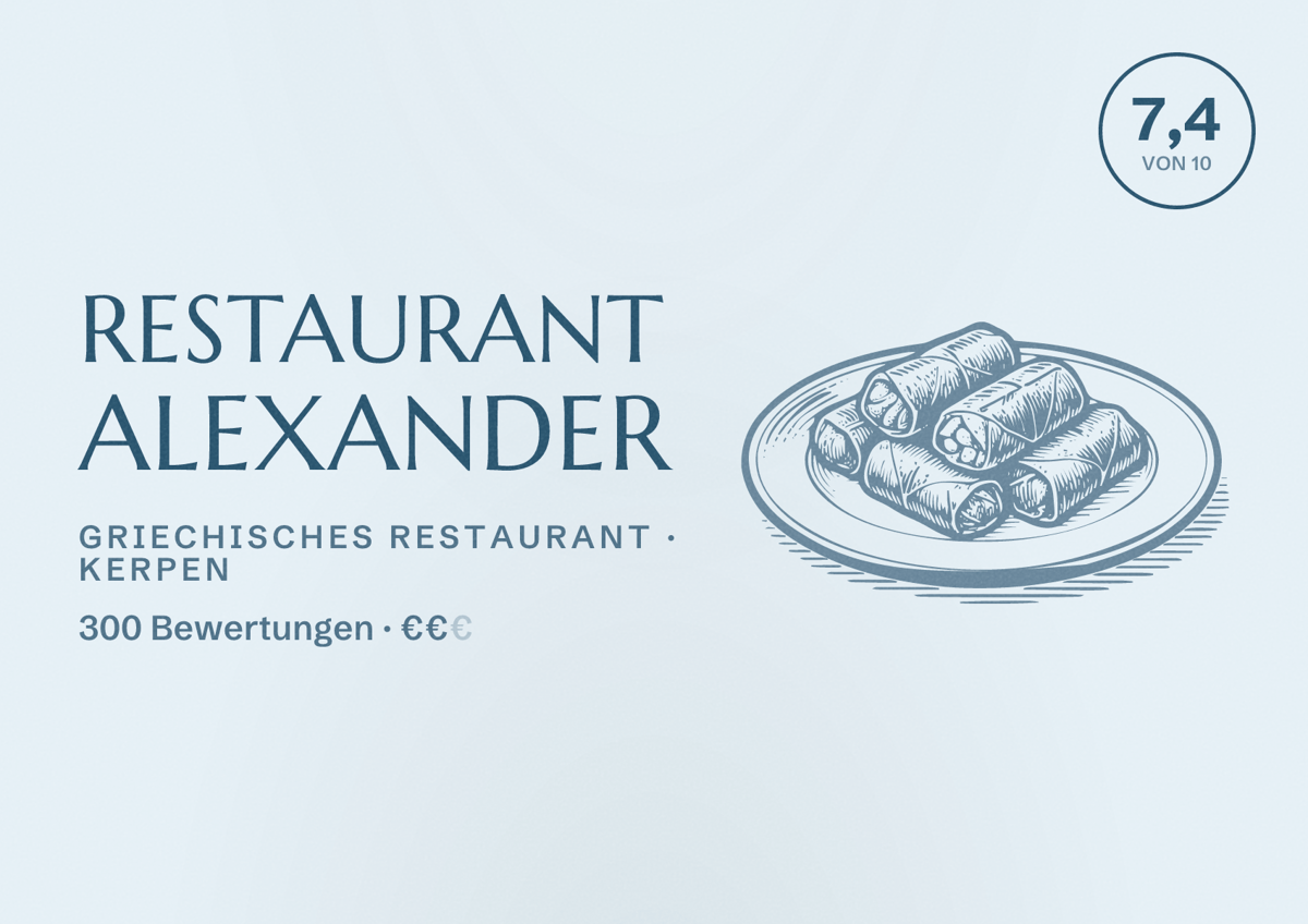 Illustriertes Poster von Restaurant Alexander, Griechisches Restaurant in Kerpen: Bewertung 7,4 von 10 aus 300 Bewertungen, Preisniveau €€