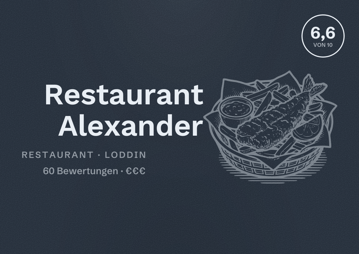 Illustriertes Poster von Restaurant Alexander, Restaurant in Loddin: Bewertung 6,6 von 10 aus 60 Bewertungen, Preisniveau €€€