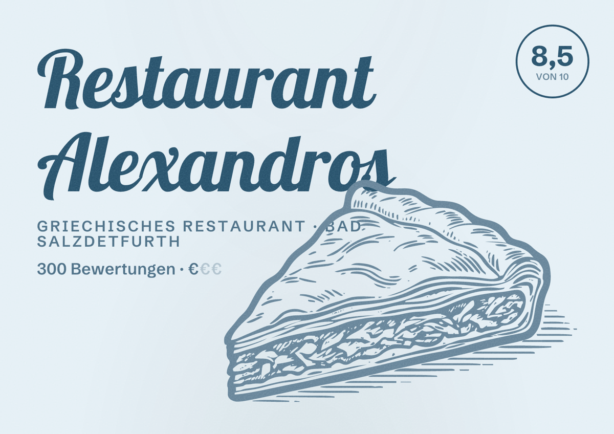 Illustriertes Poster von Restaurant Alexandros, Griechisches Restaurant in Bad Salzdetfurth: Bewertung 8,5 von 10 aus 300 Bewertungen, Preisniveau €