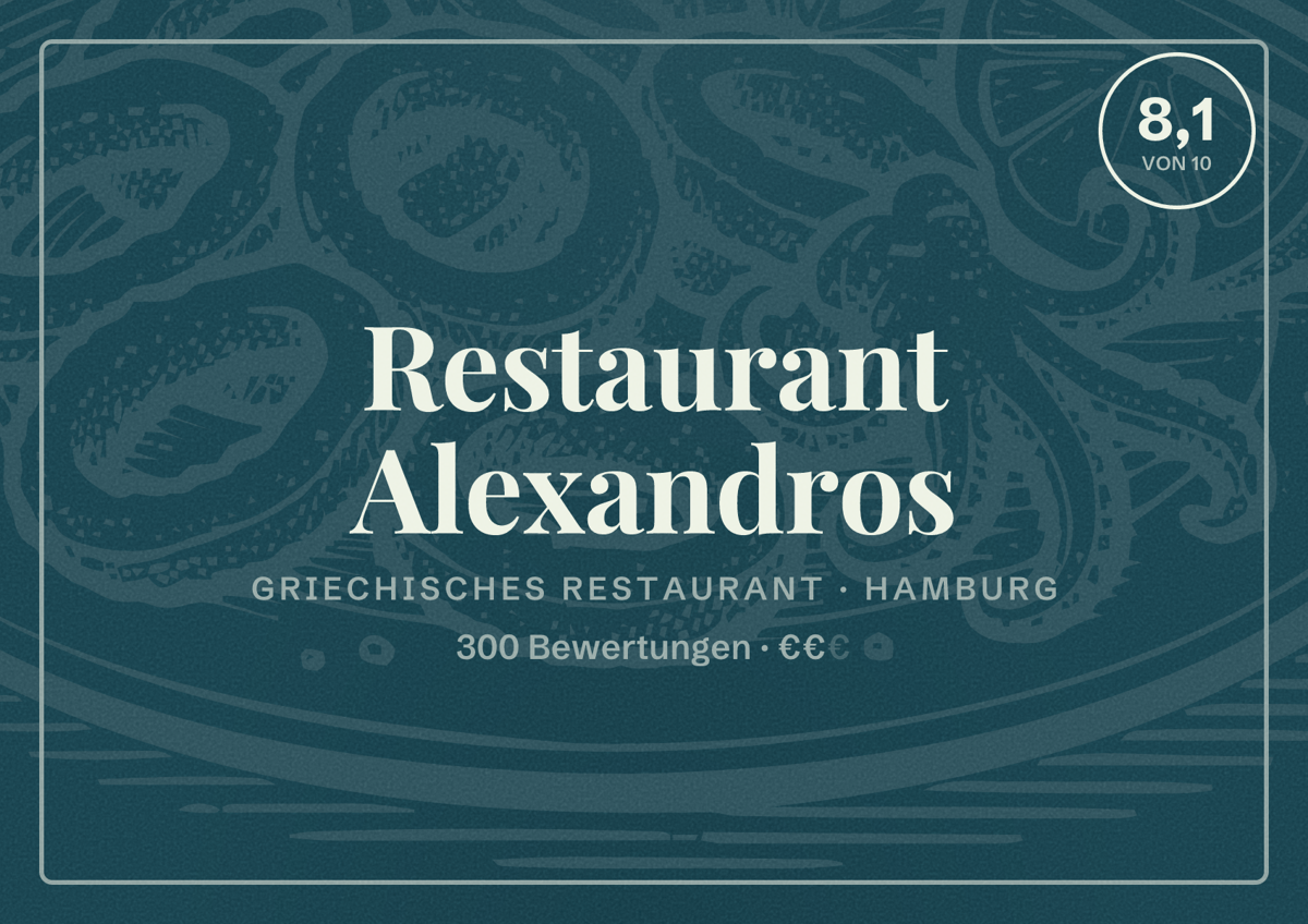 Illustriertes Poster von Restaurant Alexandros, Griechisches Restaurant in Hamburg: Bewertung 8,1 von 10 aus 300 Bewertungen, Preisniveau €€