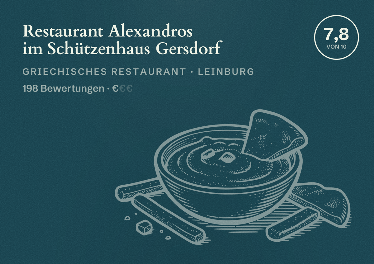 Illustriertes Poster von Restaurant Alexandros im Schützenhaus Gersdorf, Griechisches Restaurant in Leinburg: Bewertung 7,8 von 10 aus 198 Bewertungen, Preisniveau €