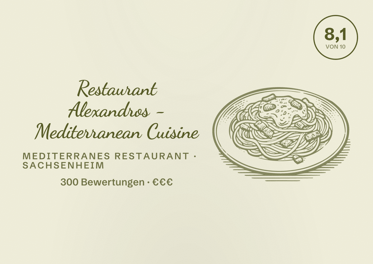 Illustriertes Poster von Restaurant Alexandros - Mediterranean Cuisine, Mediterranes Restaurant in Sachsenheim: Bewertung 8,1 von 10 aus 300 Bewertungen, Preisniveau €€€