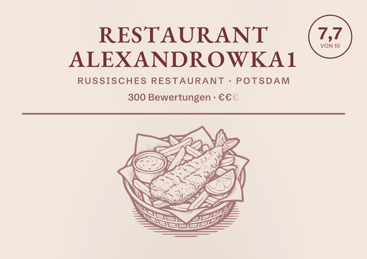 Illustriertes Poster von Restaurant Alexandrowka1, Russisches Restaurant in Potsdam: Bewertung 7,7 von 10 aus 300 Bewertungen, Preisniveau €€