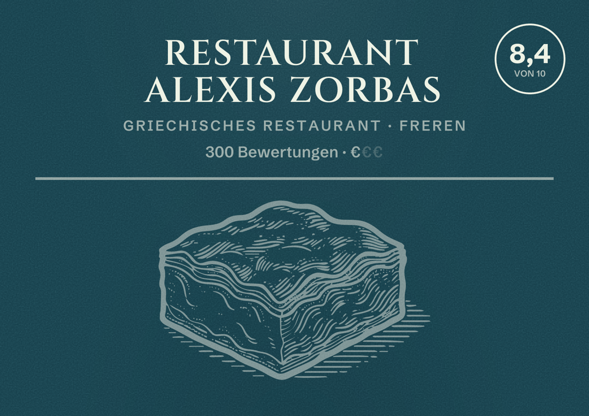 Illustriertes Poster von Restaurant Alexis Zorbas, Griechisches Restaurant in Freren: Bewertung 8,4 von 10 aus 300 Bewertungen, Preisniveau €