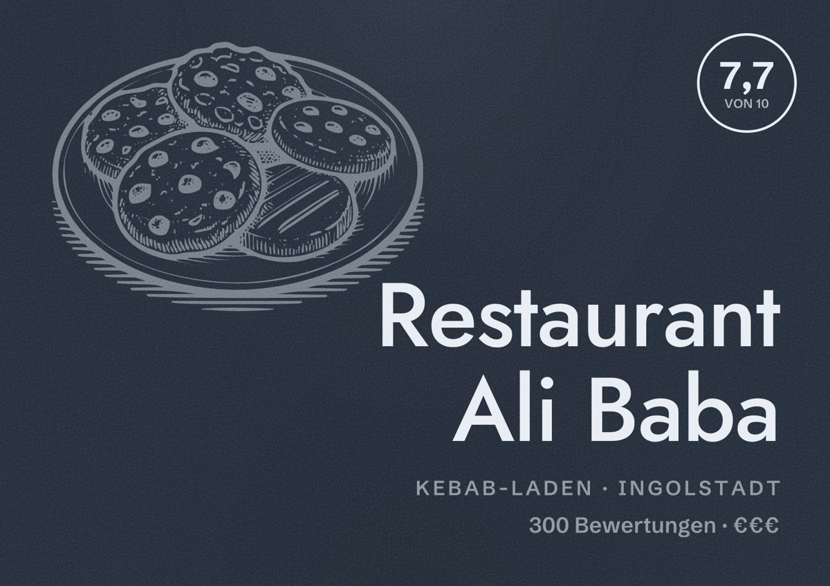 Illustriertes Poster von Restaurant Ali Baba, Kebab-Laden in Ingolstadt: Bewertung 7,7 von 10 aus 300 Bewertungen, Preisniveau €€€