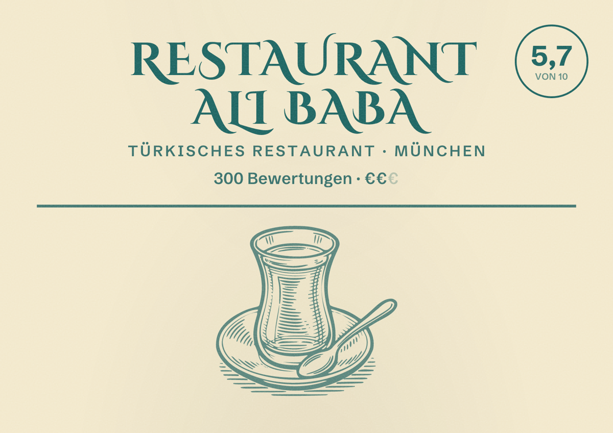 Illustriertes Poster von Restaurant Ali Baba, Türkisches Restaurant in München: Bewertung 5,7 von 10 aus 300 Bewertungen, Preisniveau €€