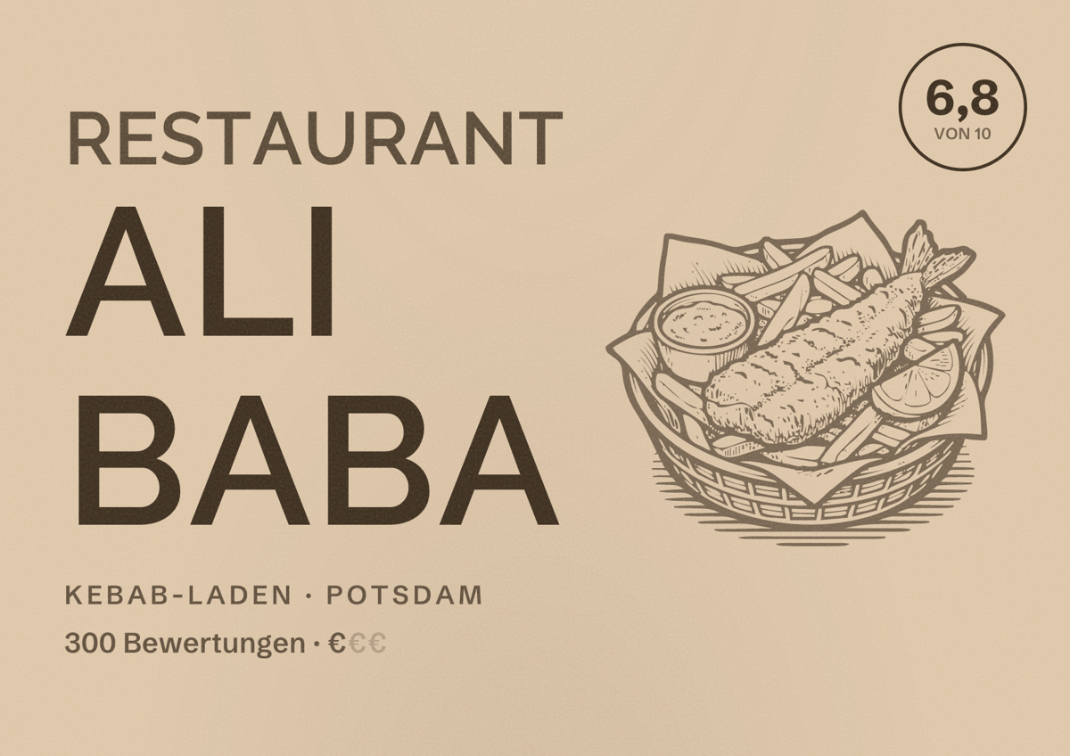 Illustriertes Poster von Restaurant Ali Baba, Kebab-Laden in Potsdam: Bewertung 6,8 von 10 aus 300 Bewertungen, Preisniveau €