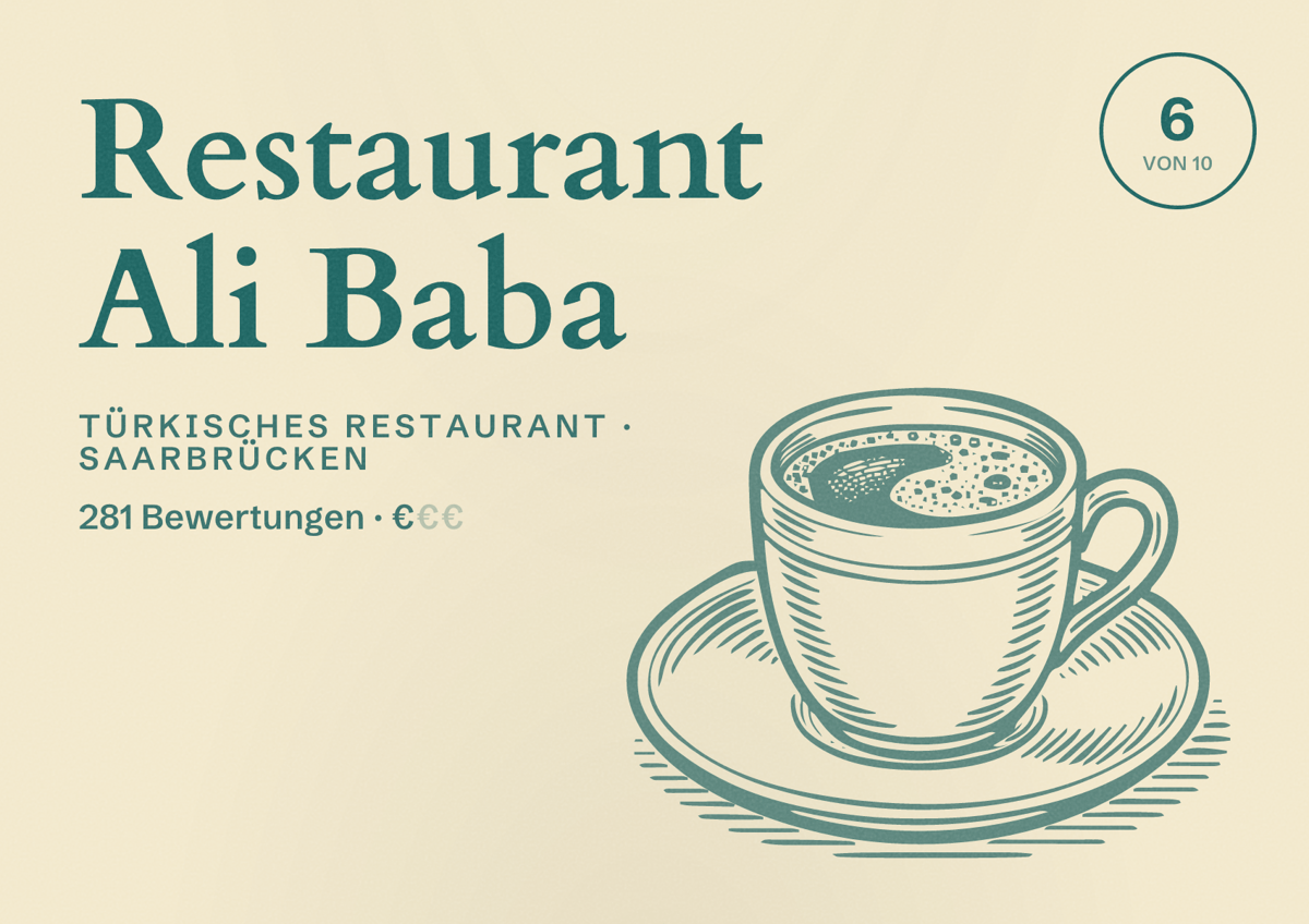 Illustriertes Poster von Restaurant Ali Baba, Türkisches Restaurant in Saarbrücken: Bewertung 6,0 von 10 aus 281 Bewertungen, Preisniveau €