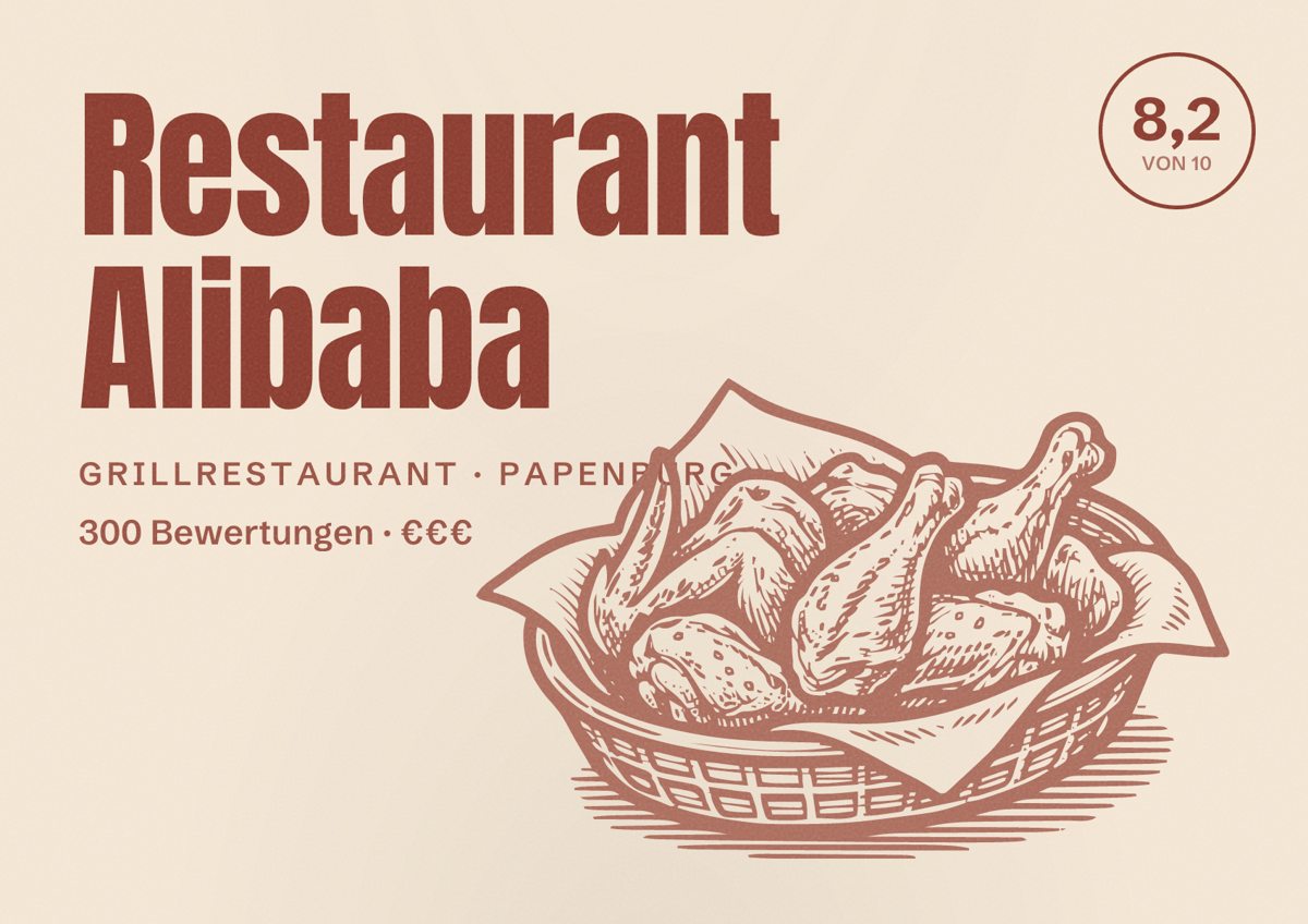Illustriertes Poster von Restaurant Alibaba, Grillrestaurant in Papenburg: Bewertung 8,2 von 10 aus 300 Bewertungen, Preisniveau €€€