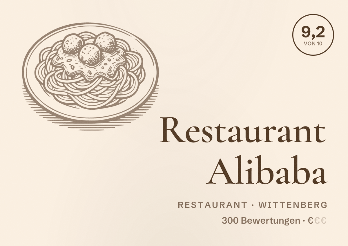 Illustriertes Poster von Restaurant Alibaba, Restaurant in Wittenberg: Bewertung 9,2 von 10 aus 300 Bewertungen, Preisniveau €