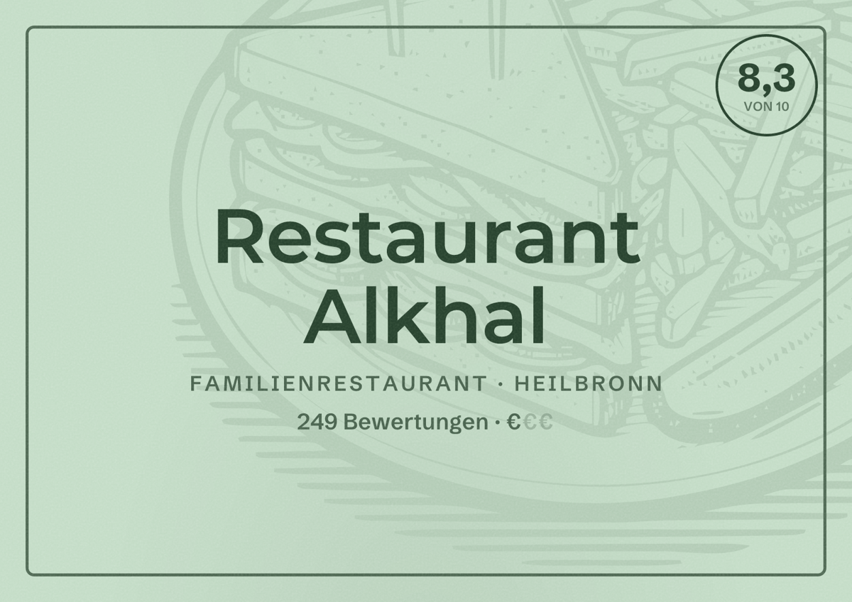 Illustriertes Poster von Restaurant Alkhal, Familienrestaurant in Heilbronn: Bewertung 8,3 von 10 aus 249 Bewertungen, Preisniveau €
