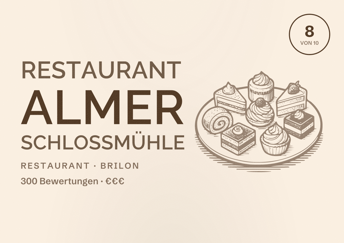 Illustriertes Poster von Restaurant Almer Schlossmühle, Restaurant in Brilon: Bewertung 8 von 10 aus 300 Bewertungen, Preisniveau €€€