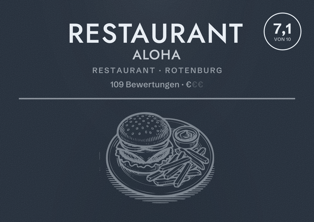 Illustriertes Poster von Restaurant Aloha, Restaurant in Rotenburg: Bewertung 7,1 von 10 aus 109 Bewertungen, Preisniveau €