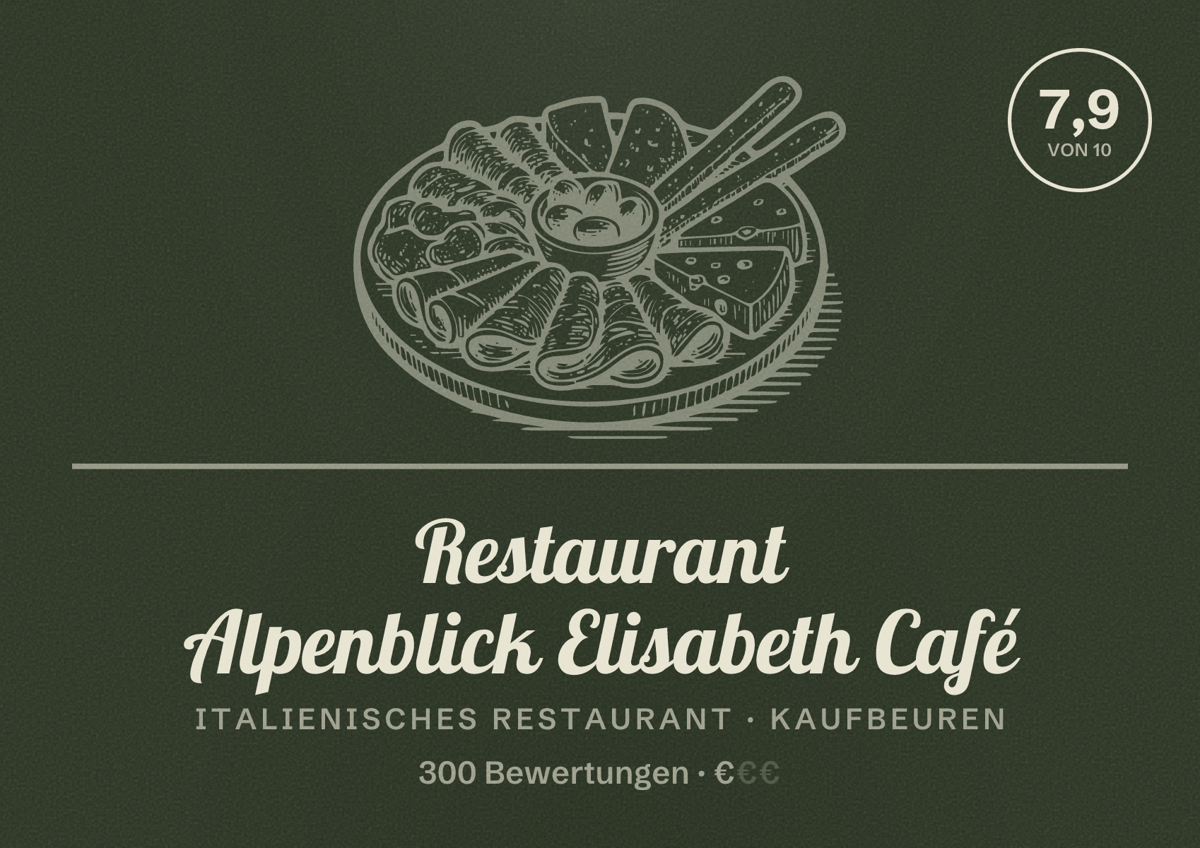 Illustriertes Poster von Restaurant Alpenblick Elisabeth Café, Italienisches Restaurant in Kaufbeuren: Bewertung 7,9 von 10 aus 300 Bewertungen, Preisniveau €
