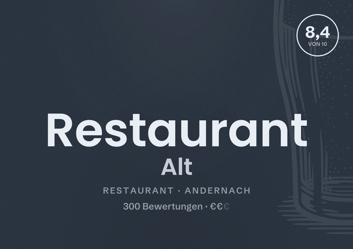 Illustriertes Poster von Restaurant Alt, Restaurant in Andernach: Bewertung 8,4 von 10 aus 300 Bewertungen, Preisniveau €€