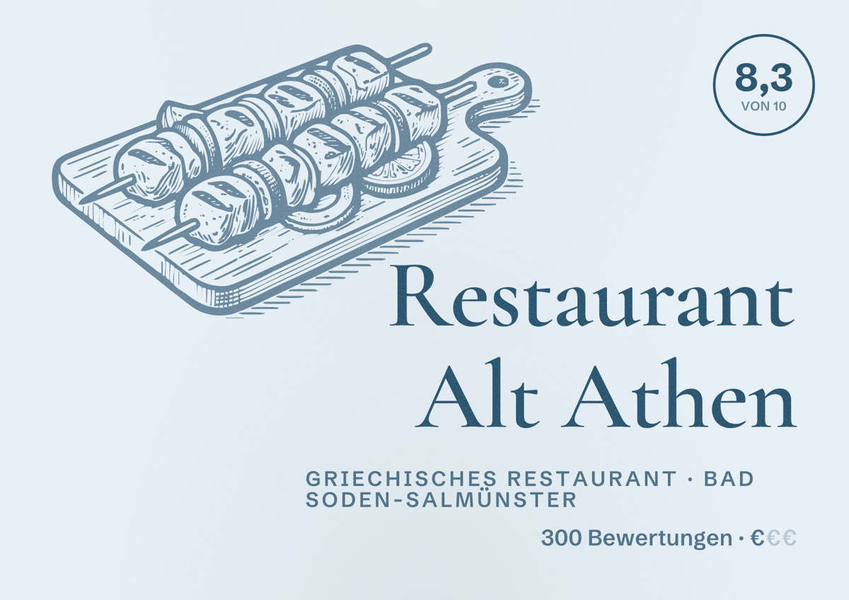 Illustriertes Poster von Restaurant Alt Athen, Griechisches Restaurant in Bad Soden-Salmünster: Bewertung 8,3 von 10 aus 300 Bewertungen, Preisniveau €
