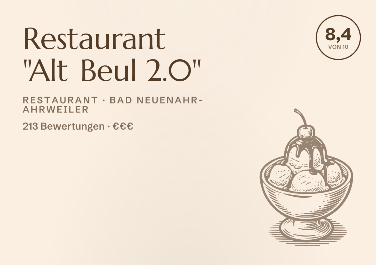Illustriertes Poster von Restaurant "Alt Beul 2.0", Restaurant in Bad Neuenahr-Ahrweiler: Bewertung 8,4 von 10 aus 213 Bewertungen, Preisniveau €€€