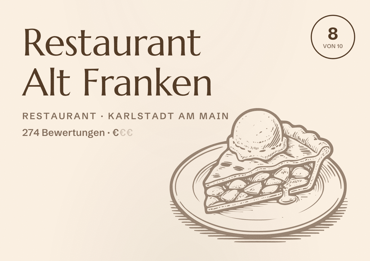Illustriertes Poster von Restaurant Alt Franken, Restaurant in Karlstadt am Main: Bewertung 8 von 10 aus 274 Bewertungen, Preisniveau €