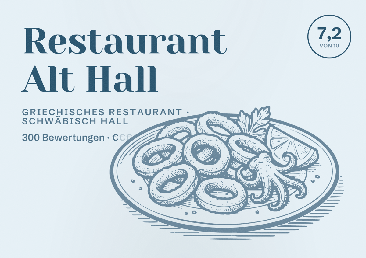 Illustriertes Poster von Restaurant Alt Hall, Griechisches Restaurant in Schwäbisch Hall: Bewertung 7,2 von 10 aus 300 Bewertungen, Preisniveau €