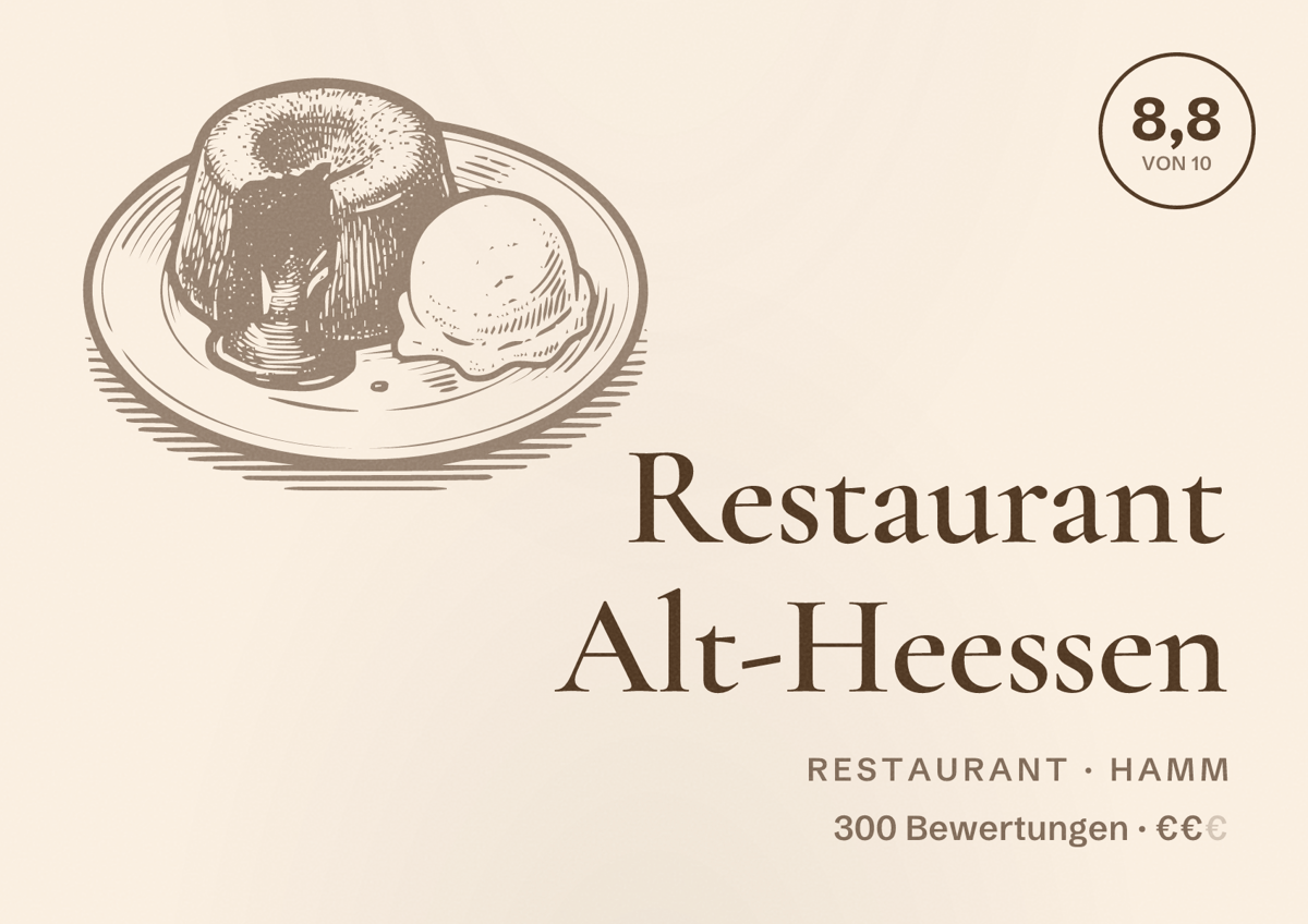 Illustriertes Poster von Restaurant Alt-Heessen, Restaurant in Hamm: Bewertung 8,8 von 10 aus 300 Bewertungen, Preisniveau €€