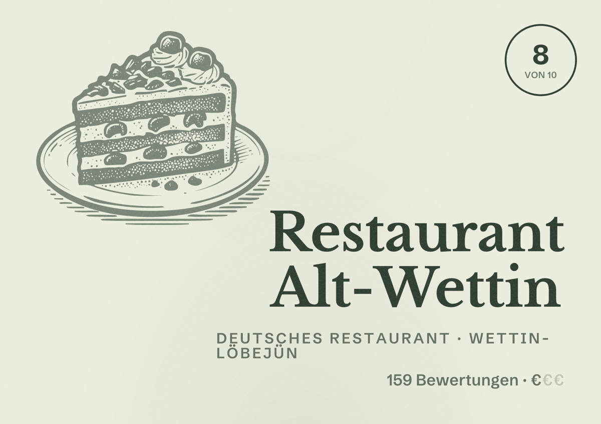Illustriertes Poster von Restaurant Alt-Wettin, Deutsches Restaurant in Wettin-Löbejün: Bewertung 8 von 10 aus 159 Bewertungen, Preisniveau €