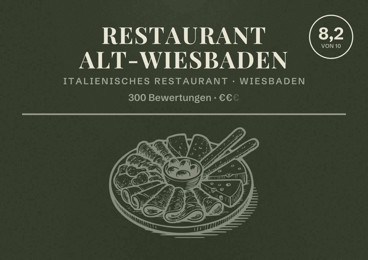 Illustriertes Poster von Restaurant Alt-Wiesbaden, Italienisches Restaurant in Wiesbaden: Bewertung 8,2 von 10 aus 300 Bewertungen, Preisniveau €€