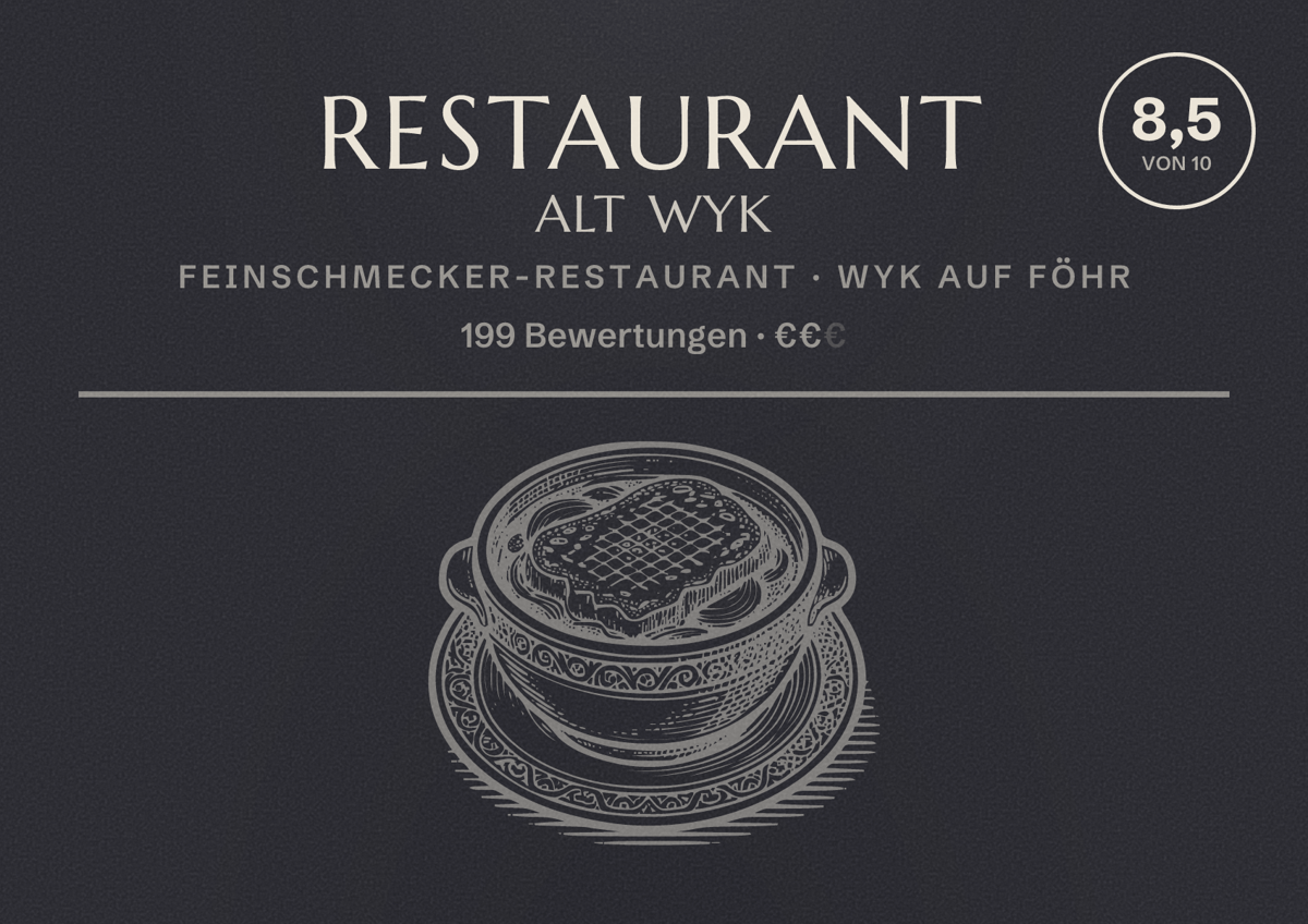 Illustriertes Poster von Restaurant Alt Wyk, Feinschmecker-Restaurant in Wyk auf Föhr: Bewertung 8,5 von 10 aus 199 Bewertungen, Preisniveau €€