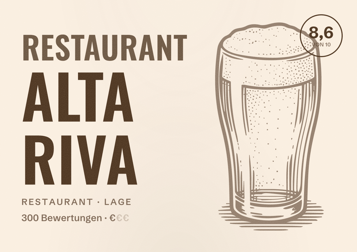 Illustriertes Poster von Restaurant Alta Riva, Restaurant in Lage: Bewertung 8,6 von 10 aus 300 Bewertungen, Preisniveau €