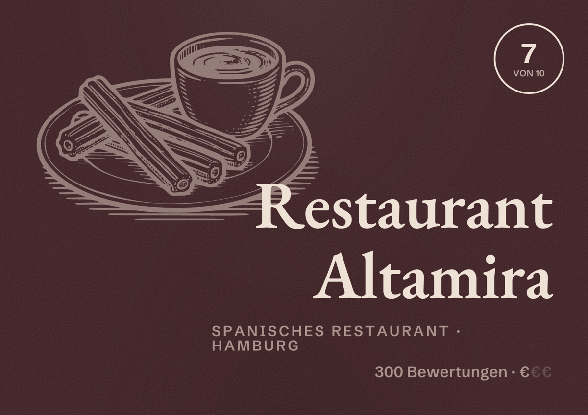 Illustriertes Poster von Restaurant Altamira, Spanisches Restaurant in Hamburg: Bewertung 7,0 von 10 aus 300 Bewertungen, Preisniveau €
