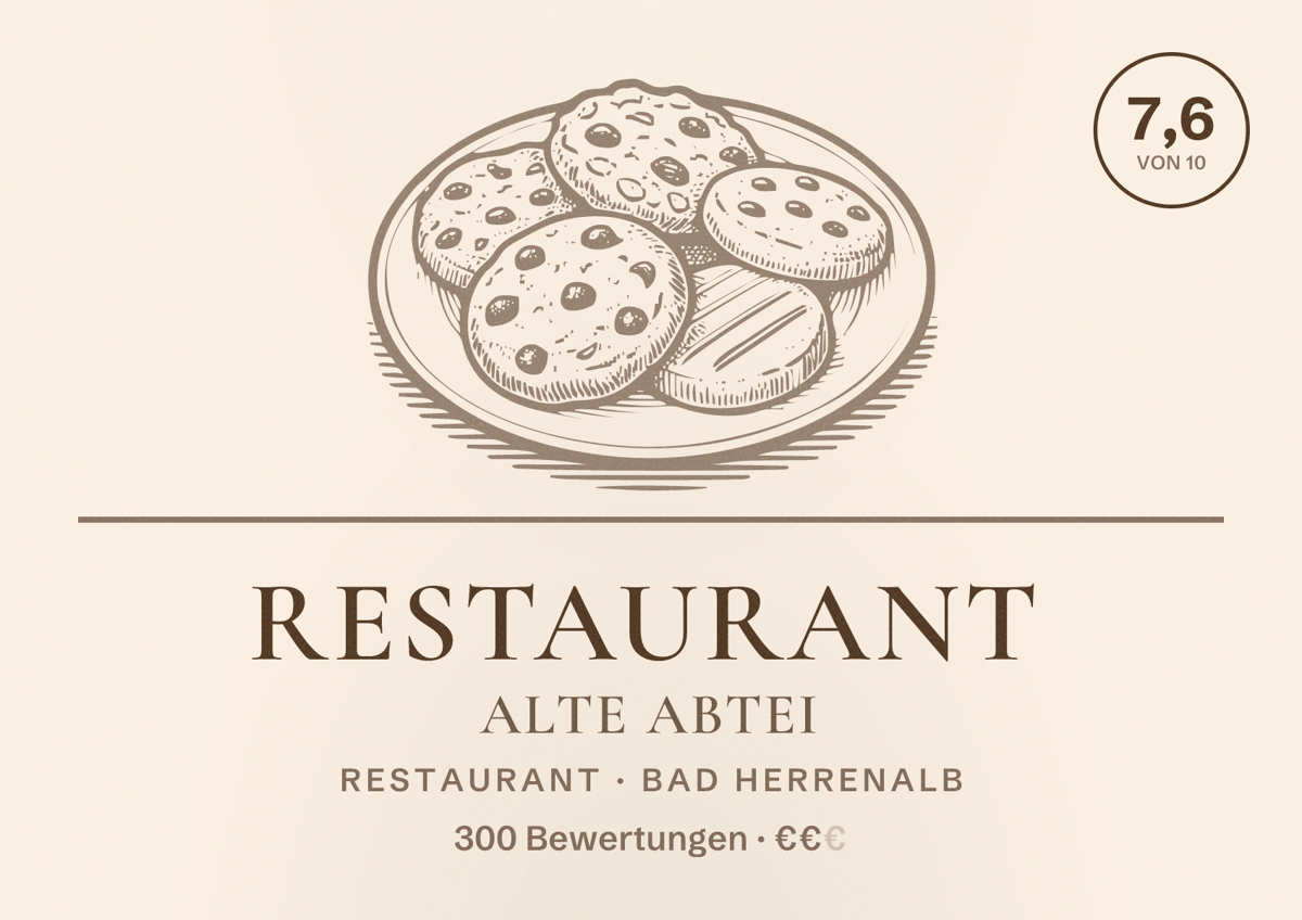 Illustriertes Poster von Restaurant Alte Abtei, Restaurant in Bad Herrenalb: Bewertung 7,6 von 10 aus 300 Bewertungen, Preisniveau €€