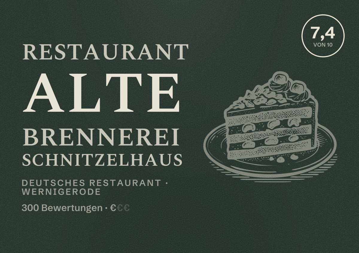 Illustriertes Poster von Restaurant Alte Brennerei Schnitzelhaus, Deutsches Restaurant in Wernigerode: Bewertung 7,4 von 10 aus 300 Bewertungen, Preisniveau €