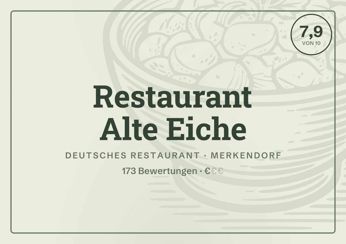 Illustriertes Poster von Restaurant Alte Eiche, Deutsches Restaurant in Merkendorf: Bewertung 7,9 von 10 aus 173 Bewertungen, Preisniveau €