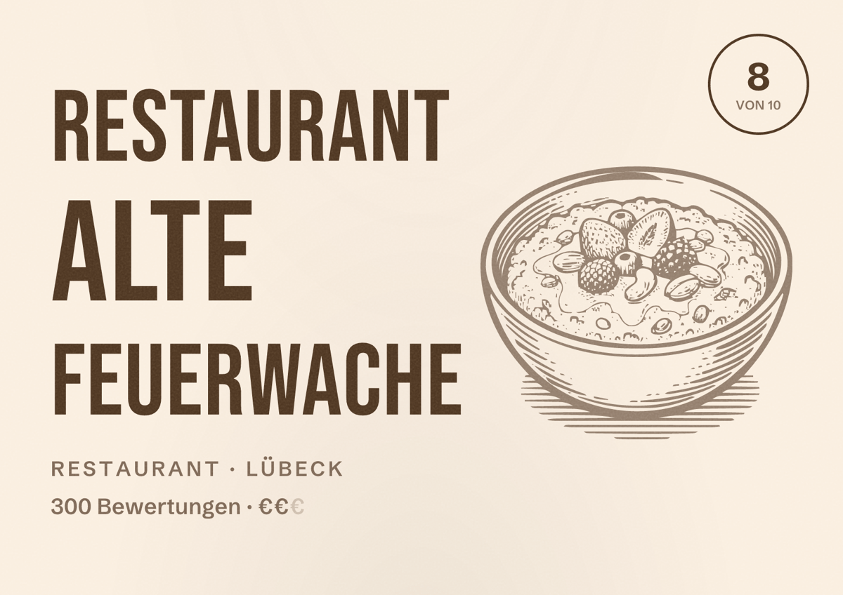 Illustriertes Poster von Restaurant Alte Feuerwache, Restaurant in Lübeck: Bewertung 8 von 10 aus 300 Bewertungen, Preisniveau €€