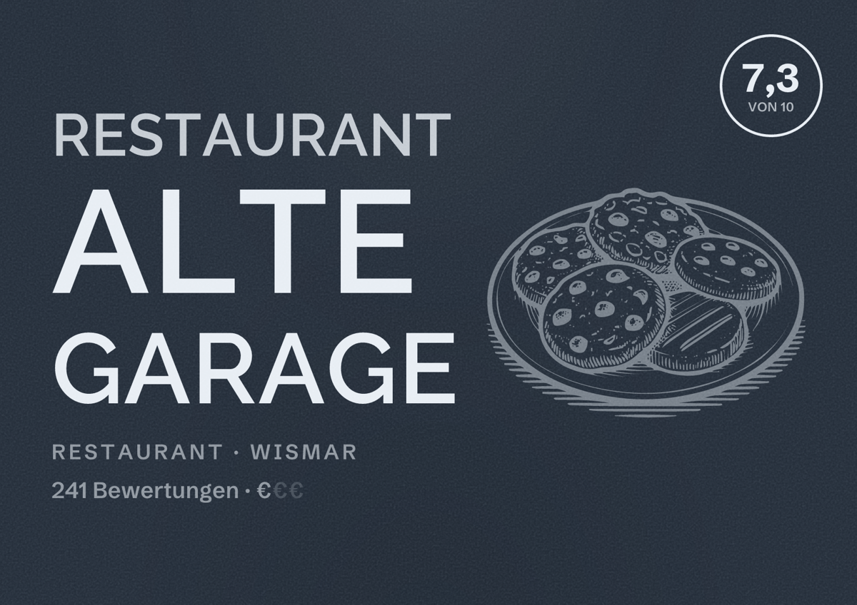 Illustriertes Poster von Restaurant Alte Garage, Restaurant in Wismar: Bewertung 7,3 von 10 aus 241 Bewertungen, Preisniveau €
