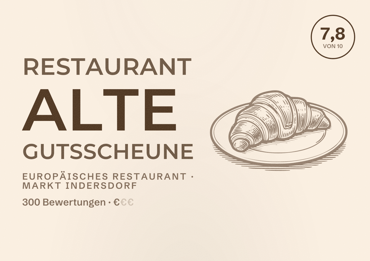 Illustriertes Poster von Restaurant Alte Gutsscheune, Europäisches Restaurant in Markt Indersdorf: Bewertung 7,8 von 10 aus 300 Bewertungen, Preisniveau €