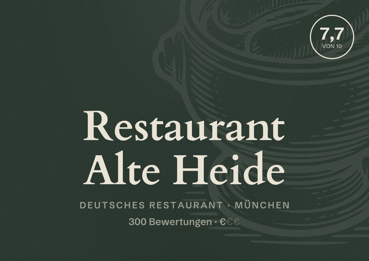 Illustriertes Poster von Restaurant Alte Heide, Deutsches Restaurant in München: Bewertung 7,7 von 10 aus 300 Bewertungen, Preisniveau €