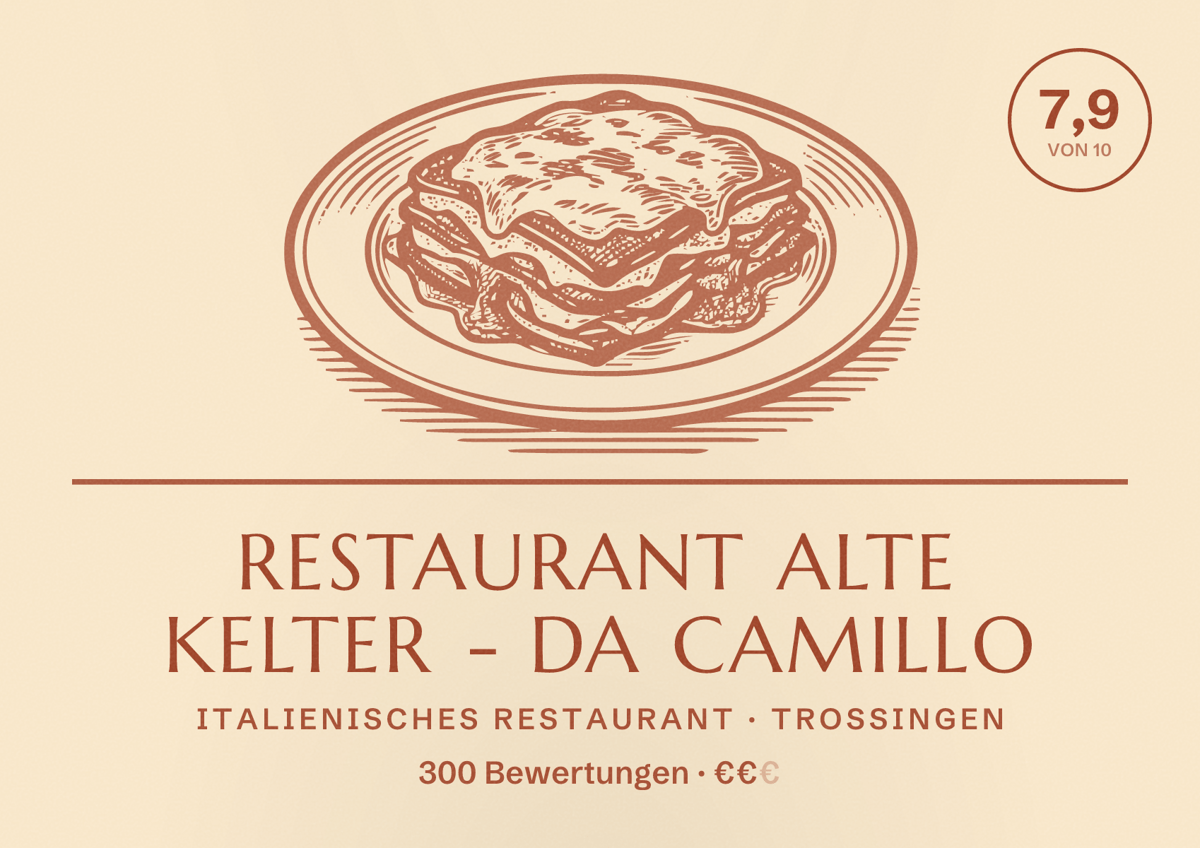 Illustriertes Poster von Restaurant Alte Kelter - Da Camillo, Italienisches Restaurant in Trossingen: Bewertung 7,9 von 10 aus 300 Bewertungen, Preisniveau €€