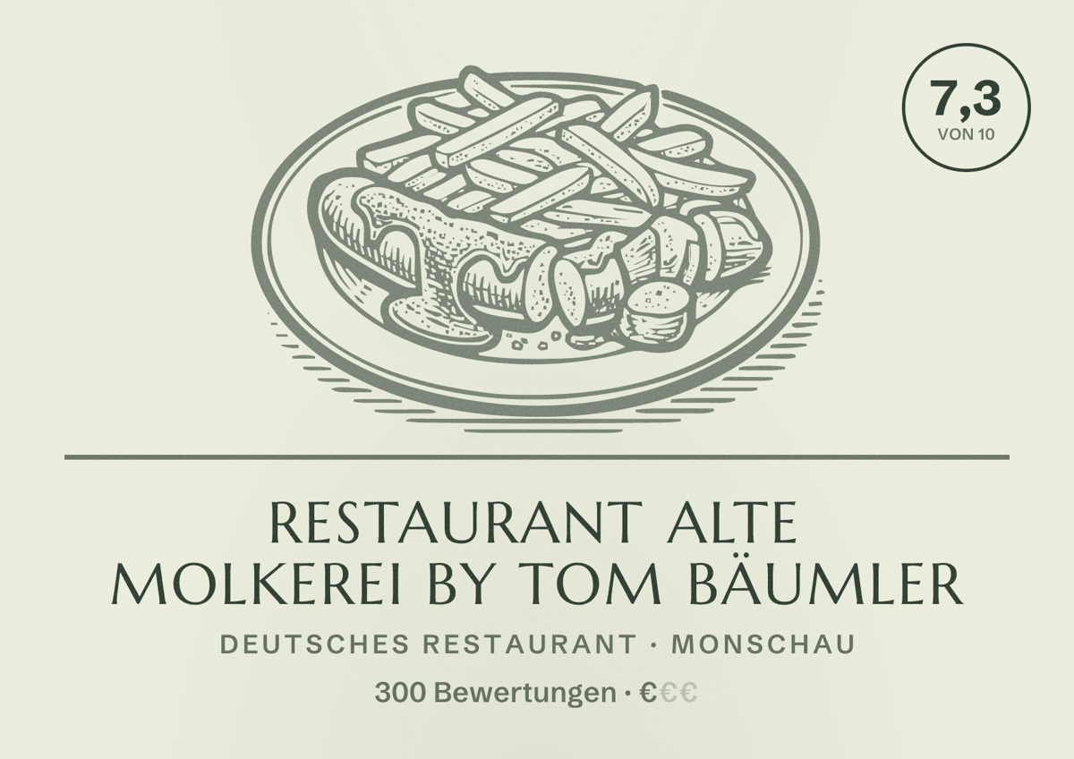 Illustriertes Poster von Restaurant Alte Molkerei by Tom Bäumler, Deutsches Restaurant in Monschau: Bewertung 7,3 von 10 aus 300 Bewertungen, Preisniveau €
