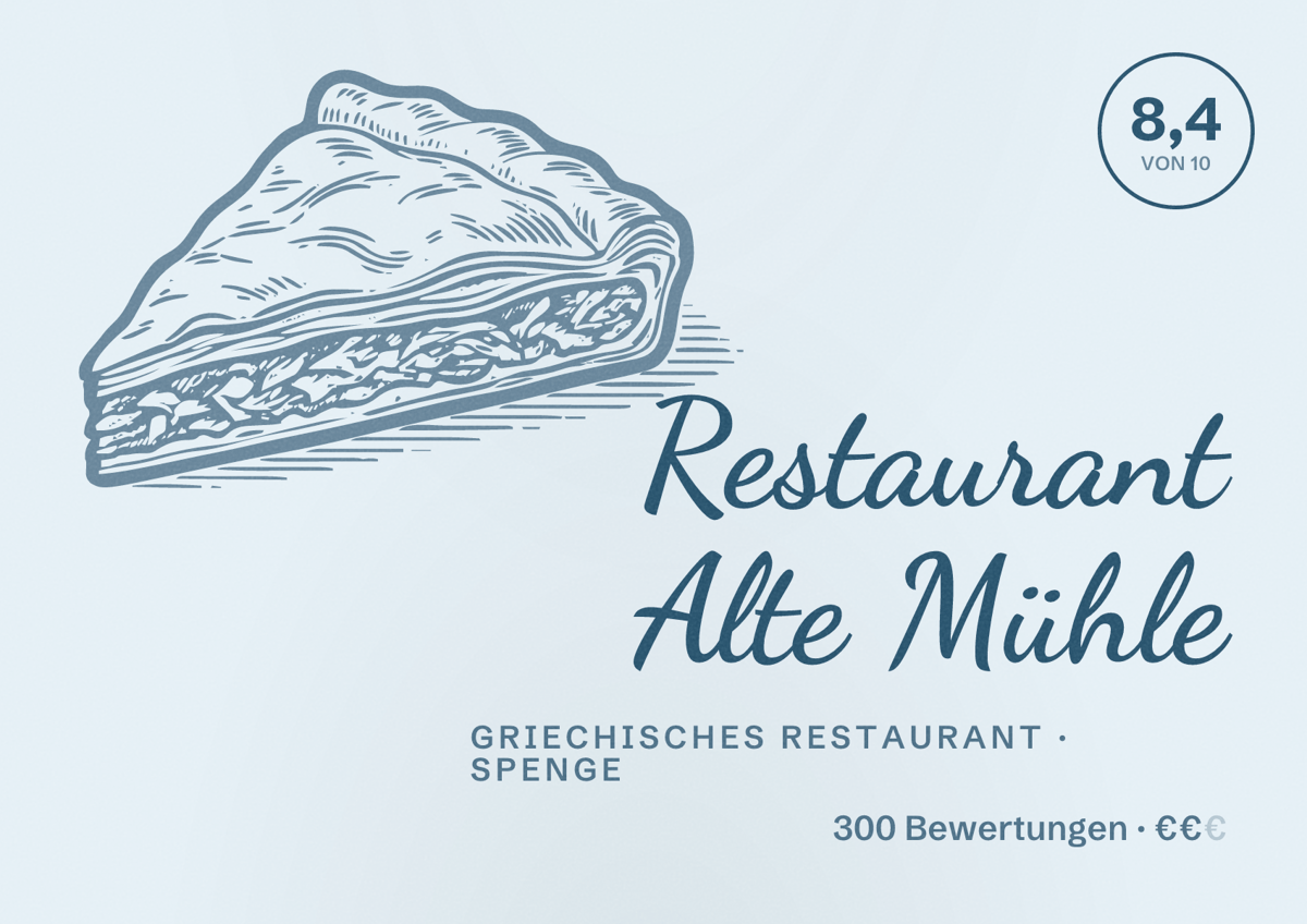 Illustriertes Poster von Restaurant Alte Mühle, Griechisches Restaurant in Spenge: Bewertung 8,4 von 10 aus 300 Bewertungen, Preisniveau €€