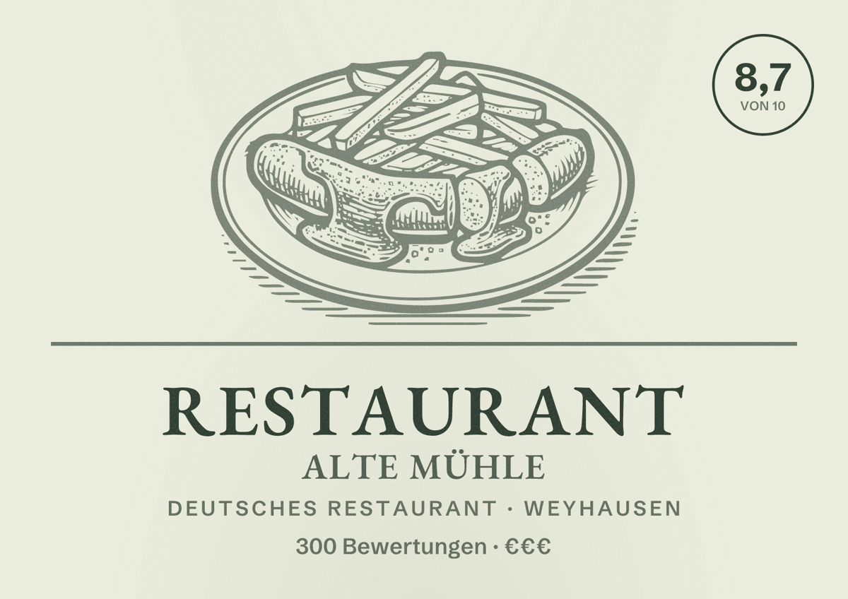 Illustriertes Poster von Restaurant Alte Mühle, Deutsches Restaurant in Weyhausen: Bewertung 8,7 von 10 aus 300 Bewertungen, Preisniveau €€€