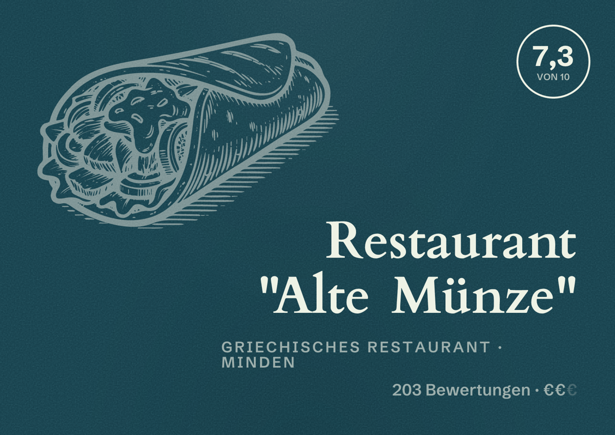 Illustriertes Poster von Restaurant "Alte Münze", Griechisches Restaurant in Minden: Bewertung 7,3 von 10 aus 203 Bewertungen, Preisniveau €€