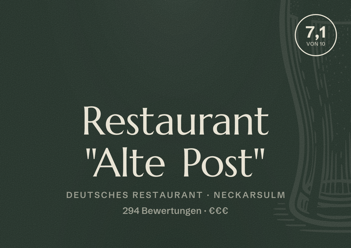 Illustriertes Poster von Restaurant "Alte Post", Deutsches Restaurant in Neckarsulm: Bewertung 7,1 von 10 aus 294 Bewertungen, Preisniveau €€€