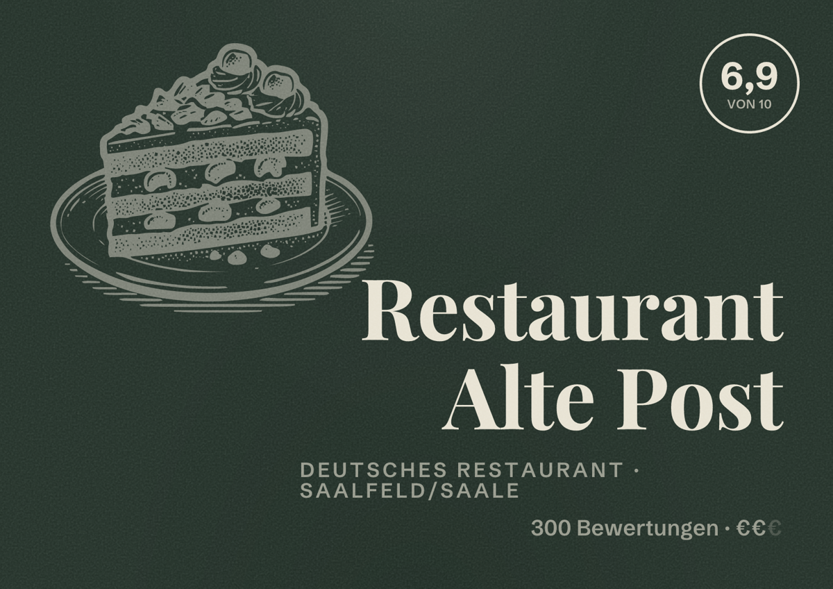 Illustriertes Poster von Restaurant Alte Post, Deutsches Restaurant in Saalfeld/Saale: Bewertung 6,9 von 10 aus 300 Bewertungen, Preisniveau €€