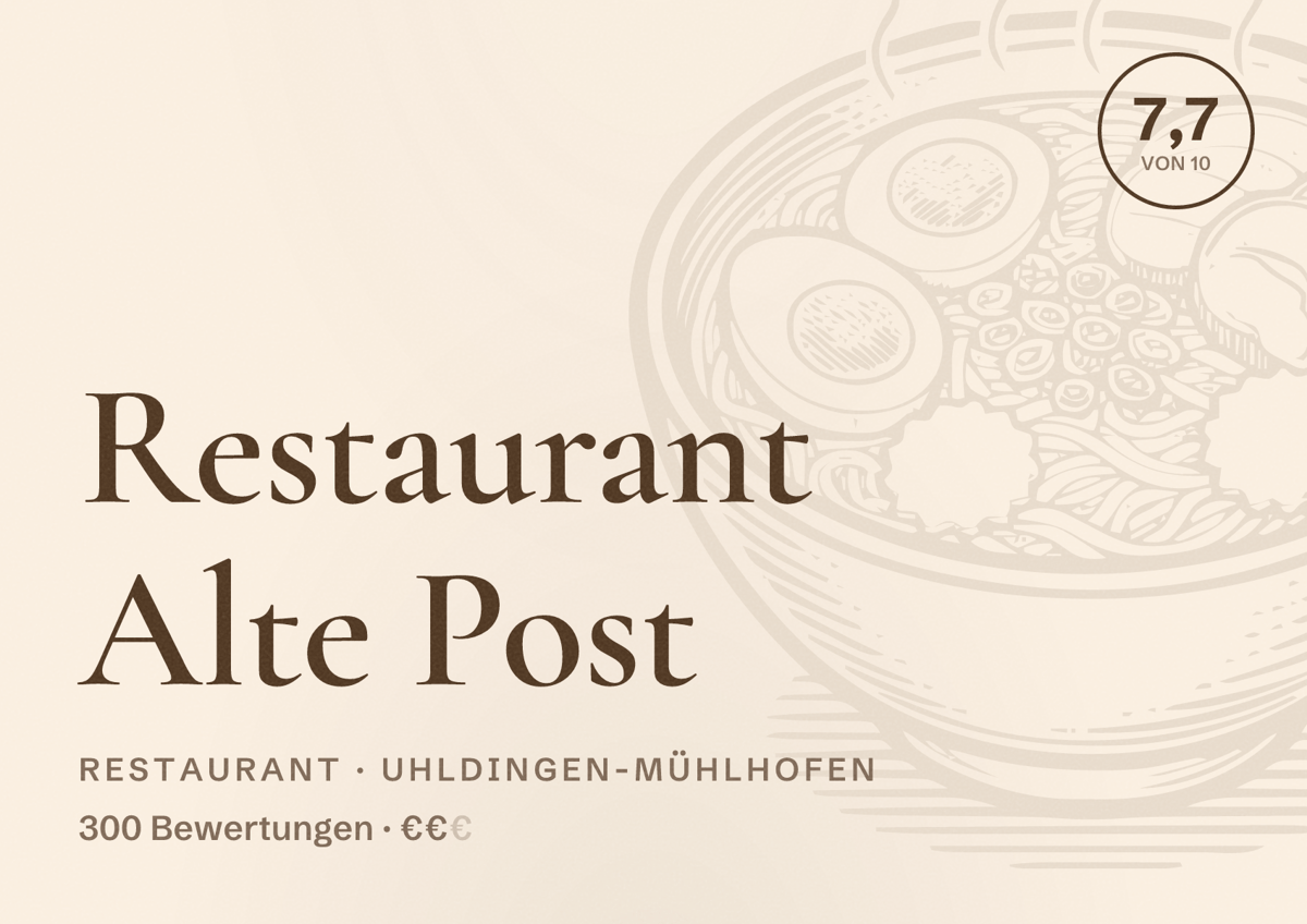 Illustriertes Poster von Restaurant Alte Post, Restaurant in Uhldingen-Mühlhofen: Bewertung 7,7 von 10 aus 300 Bewertungen, Preisniveau €€